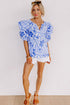 Floral Print Cotton Bubble Sleeve Ruffled Blouse