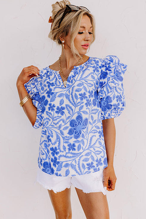 Floral Print Cotton Bubble Sleeve Ruffled Blouse