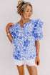 Floral Print Cotton Bubble Sleeve Ruffled Blouse