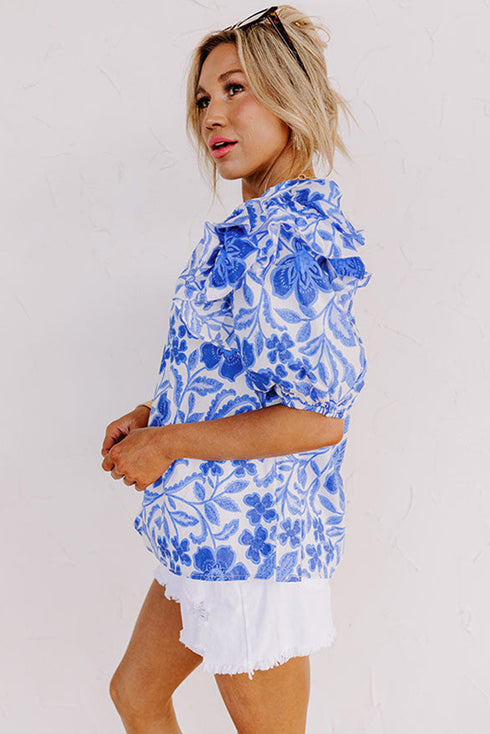 Floral Print Cotton Bubble Sleeve Ruffled Blouse