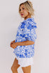 Floral Print Cotton Bubble Sleeve Ruffled Blouse