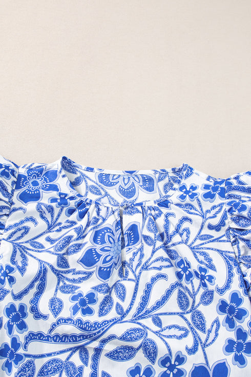 Floral Print Cotton Bubble Sleeve Ruffled Blouse