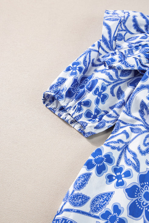 Floral Print Cotton Bubble Sleeve Ruffled Blouse
