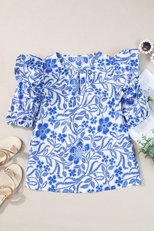 Floral Print Cotton Bubble Sleeve Ruffled Blouse