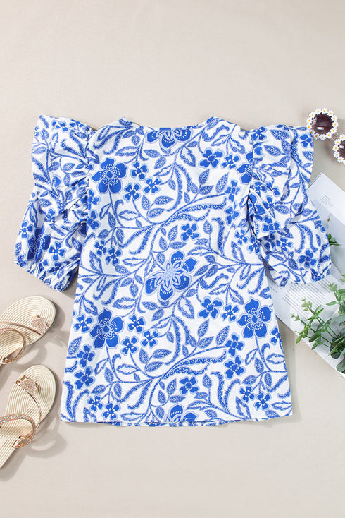 Floral Print Cotton Bubble Sleeve Ruffled Blouse