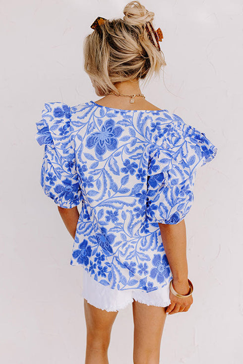 Floral Print Cotton Bubble Sleeve Ruffled Blouse