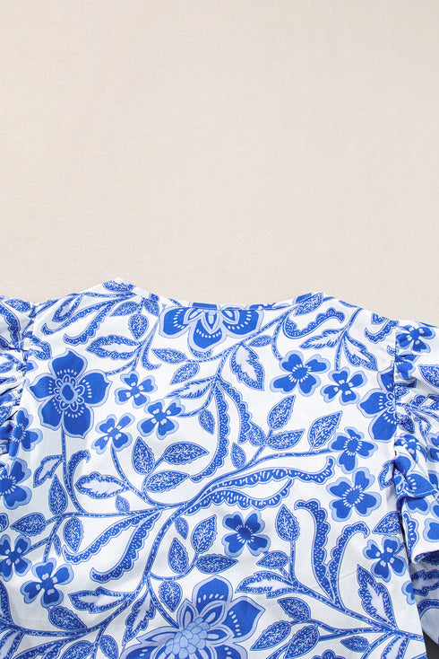 Floral Print Cotton Bubble Sleeve Ruffled Blouse