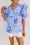 Floral Print Cotton Bubble Sleeve Ruffled Blouse