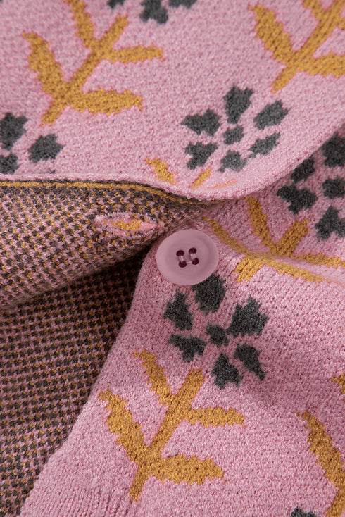 Floral Print Crew Neck Button Front Knit Cardigan