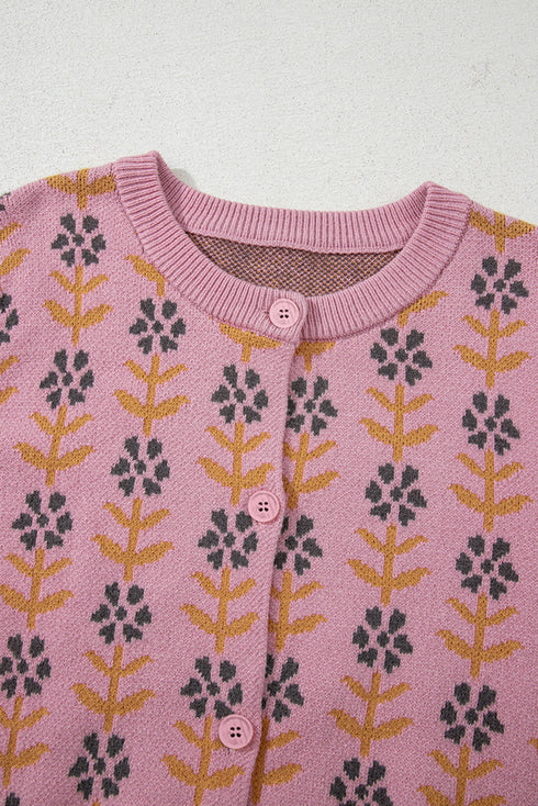 Floral Print Crew Neck Button Front Knit Cardigan