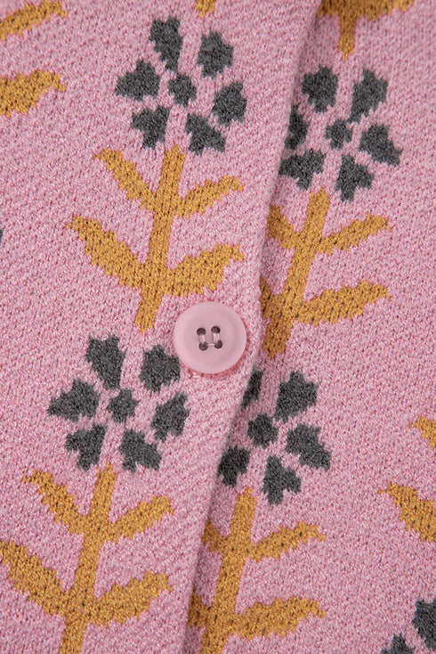 Floral Print Crew Neck Button Front Knit Cardigan