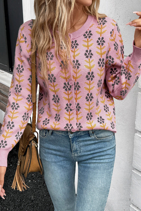 Floral Print Crew Neck Button Front Knit Cardigan
