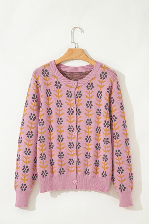 Floral Print Crew Neck Button Front Knit Cardigan