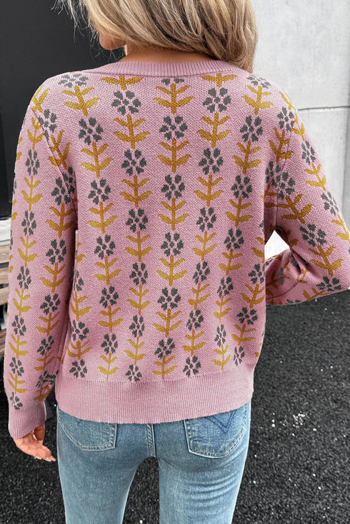 Floral Print Crew Neck Button Front Knit Cardigan