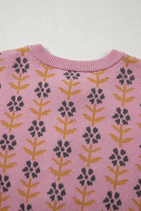 Floral Print Crew Neck Button Front Knit Cardigan