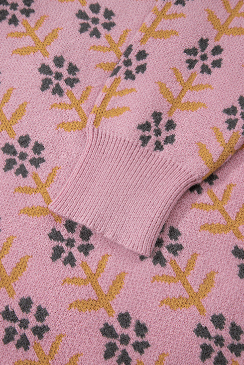 Floral Print Crew Neck Button Front Knit Cardigan