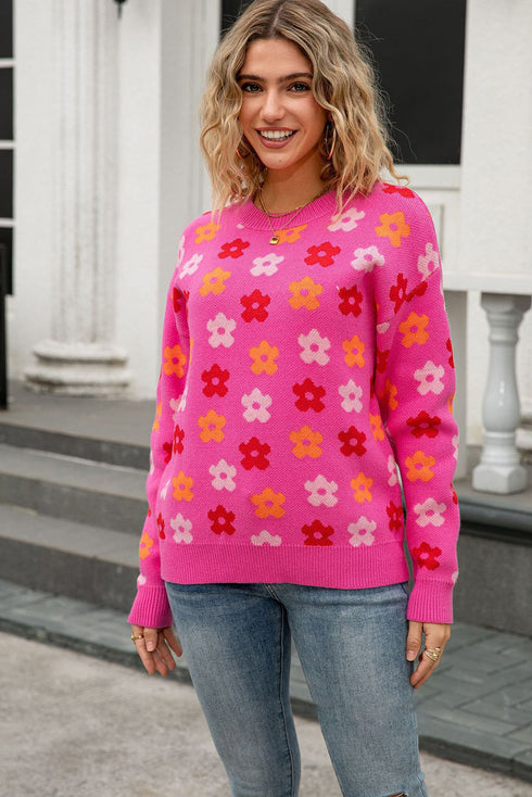 Floral Print Crew Neck Long Sleeve Pullover Sweater
