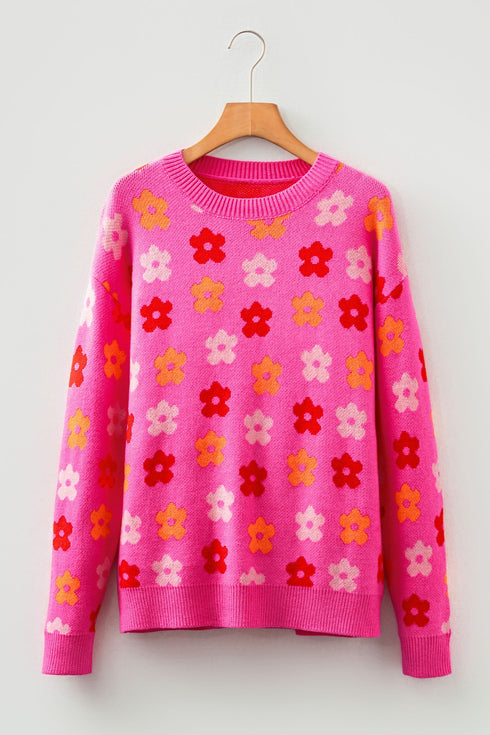 Floral Print Crew Neck Long Sleeve Pullover Sweater