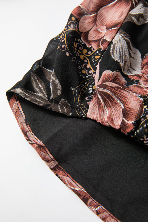Floral Print Criss Cross V Neck Balloon Sleeve Blouse