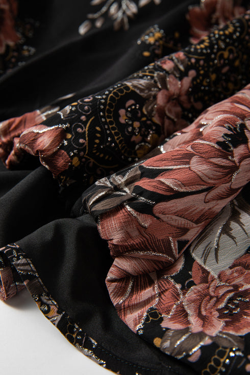 Floral Print Criss Cross V Neck Balloon Sleeve Blouse