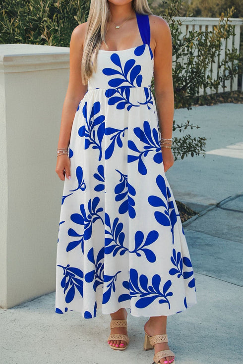 Floral Print Crisscross Tie Back Sleeveless A-Line Maxi Dress