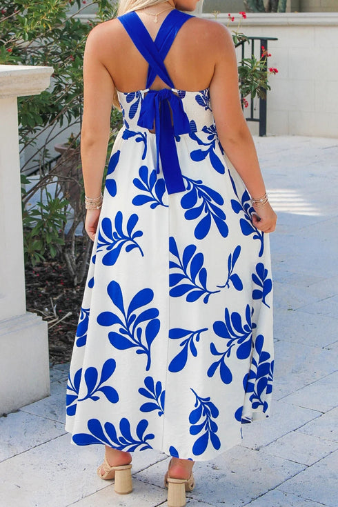 Floral Print Crisscross Tie Back Sleeveless A-Line Maxi Dress
