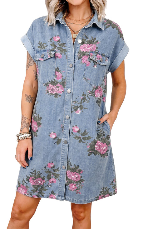 Floral Print Denim Cuffed Short Sleeve Button Down Mini Dress