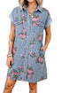 Floral Print Denim Cuffed Short Sleeve Button Down Mini Dress
