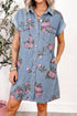 Floral Print Denim Cuffed Short Sleeve Button Down Mini Dress