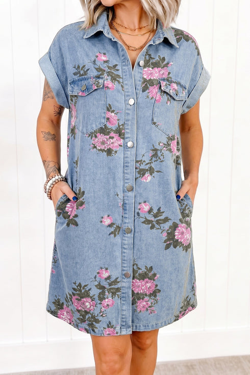 Floral Print Denim Cuffed Short Sleeve Button Down Mini Dress