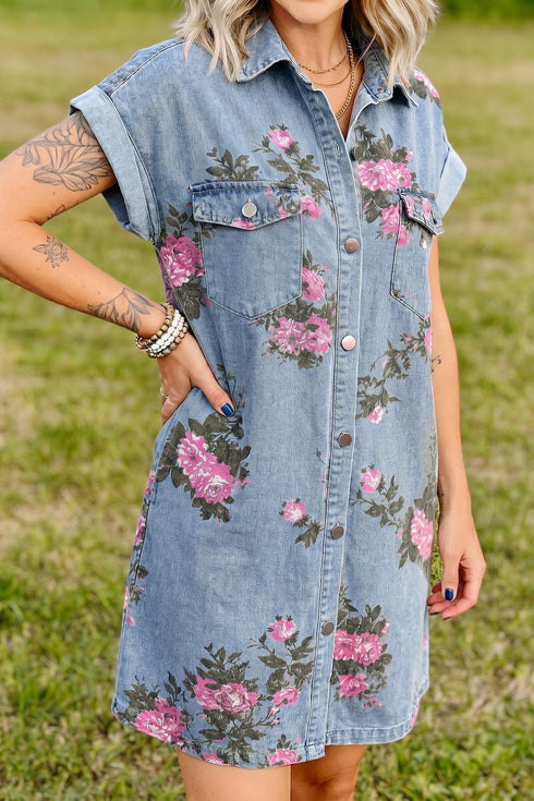 Floral Print Denim Cuffed Short Sleeve Button Down Mini Dress