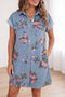 Floral Print Denim Cuffed Short Sleeve Button Down Mini Dress