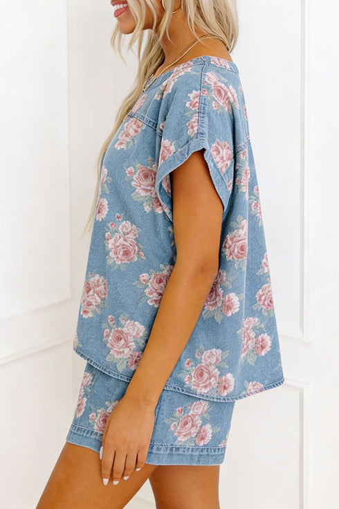 Floral Print Denim Loose Fit Two Piece Short Sets