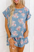 Floral Print Denim Loose Fit Two Piece Short Sets