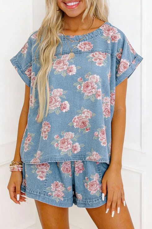 Floral Print Denim Loose Fit Two Piece Short Sets