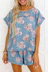 Floral Print Denim Loose Fit Two Piece Short Sets