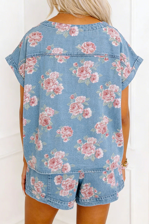 Floral Print Denim Loose Fit Two Piece Short Sets