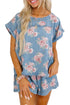Floral Print Denim Loose Fit Two Piece Short Sets