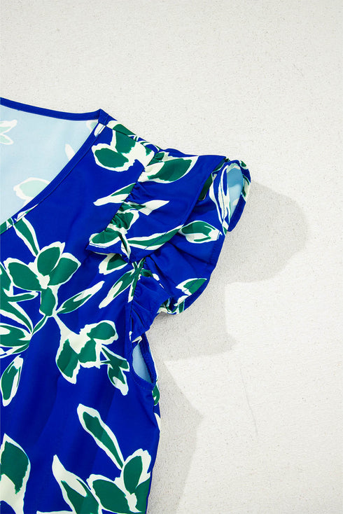 Floral Print Double Ruffle Sleeve V Neck Woven Blouse