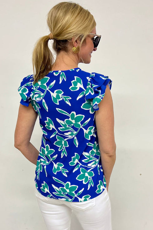 Floral Print Double Ruffle Sleeve V Neck Woven Blouse