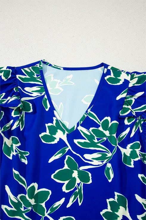 Floral Print Double Ruffle Sleeve V Neck Woven Blouse
