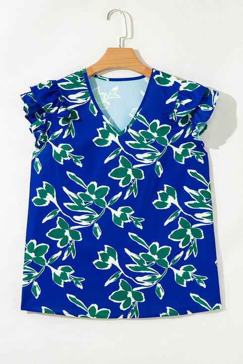 Floral Print Double Ruffle Sleeve V Neck Woven Blouse