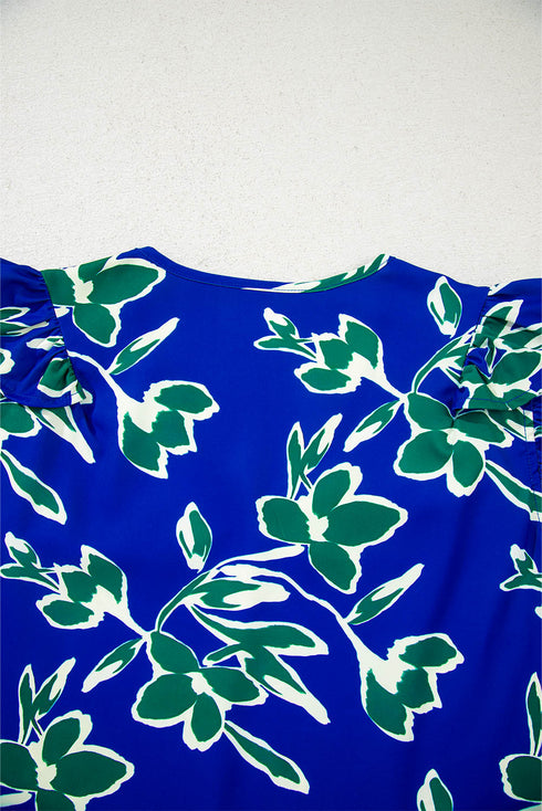 Floral Print Double Ruffle Sleeve V Neck Woven Blouse