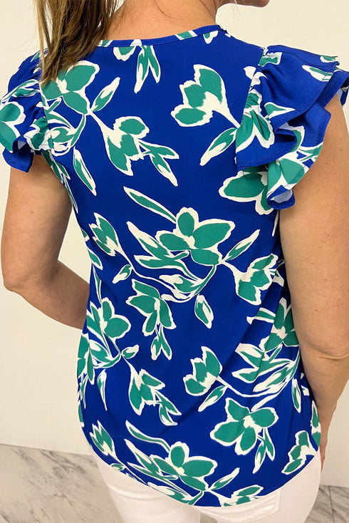 Floral Print Double Ruffle Sleeve V Neck Woven Blouse