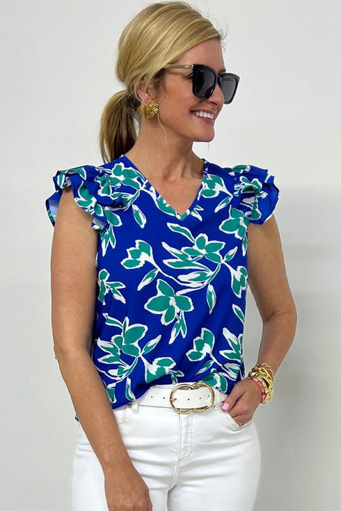 Floral Print Double Ruffle Sleeve V Neck Woven Blouse