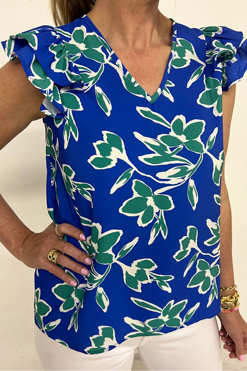 Floral Print Double Ruffle Sleeve V Neck Woven Blouse