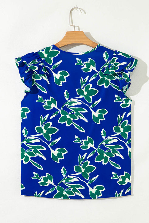 Floral Print Double Ruffle Sleeve V Neck Woven Blouse