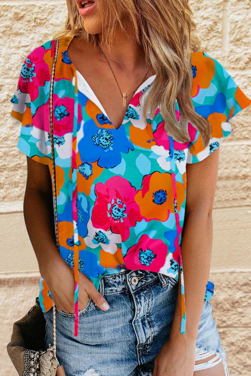 Floral Print Drawstring V Neck Short Sleeve Blouse