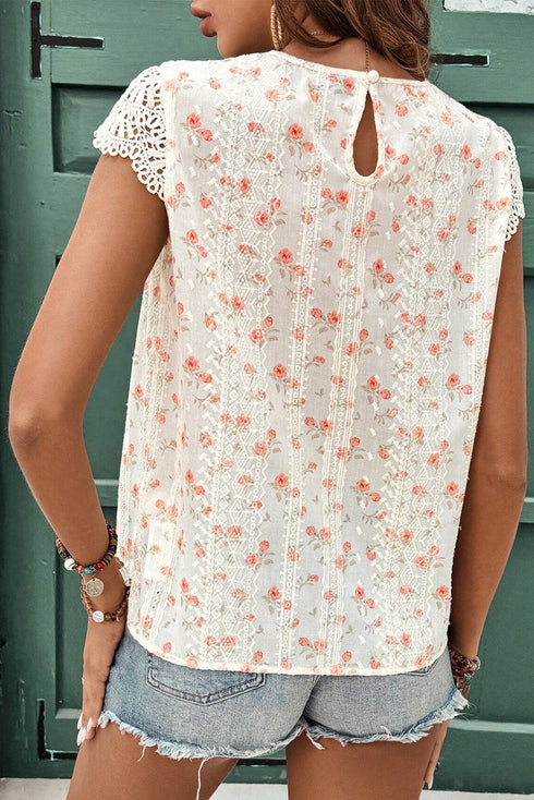 Floral Print Embroidered Detail Crochet Cap Sleeve Blouse