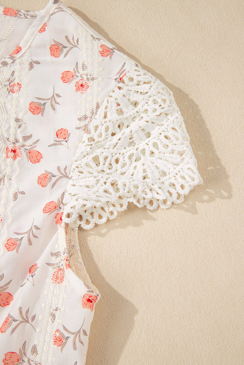 Floral Print Embroidered Detail Crochet Cap Sleeve Blouse